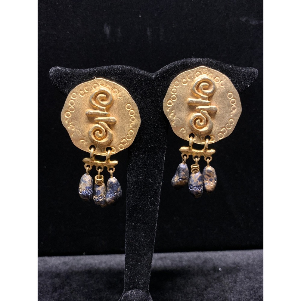 Vintage Etruscan Revival Gold Tone Clip On Earrings Blue Art Dangle Beads